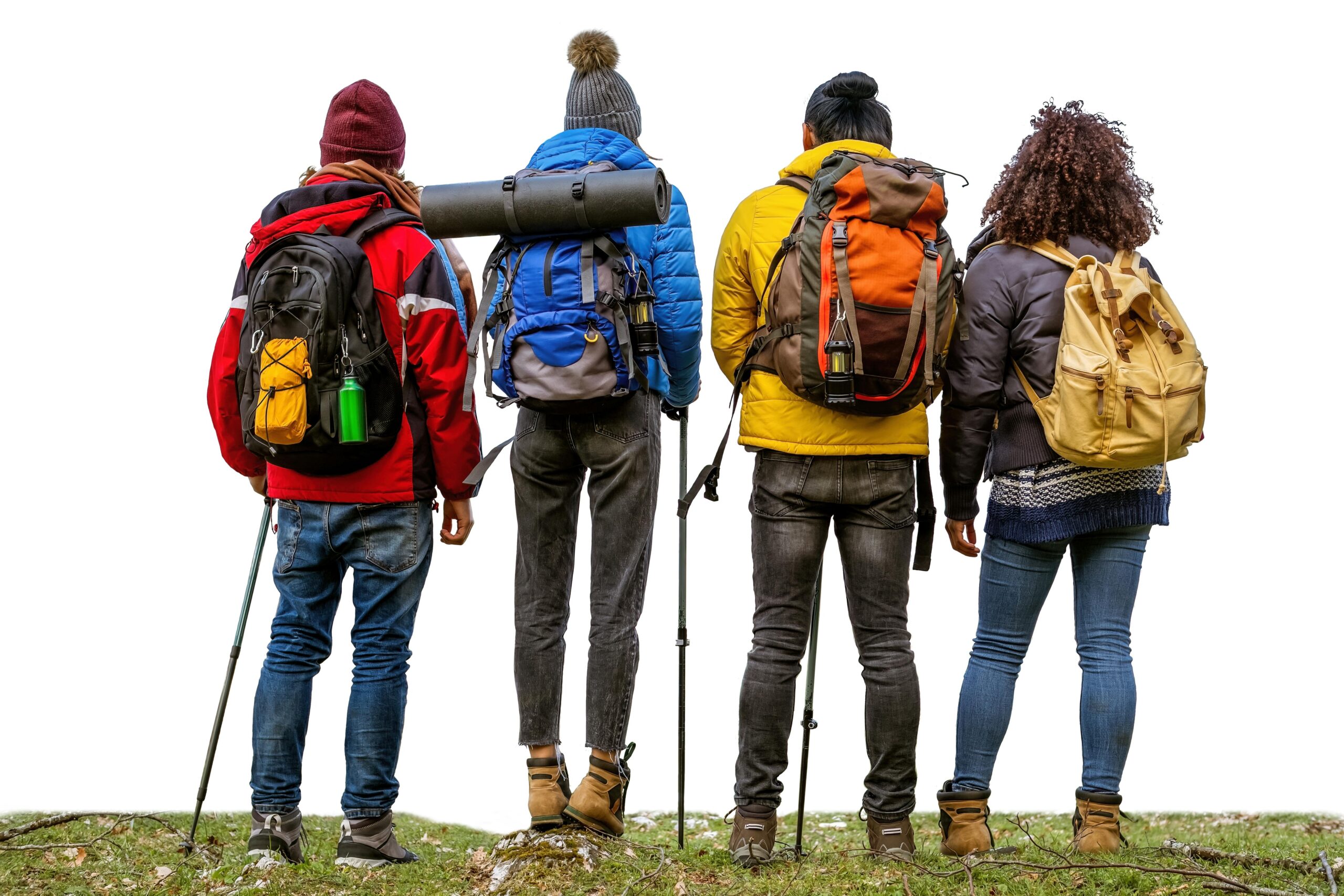 Back view of young friends hiking at mountain isolated on white background